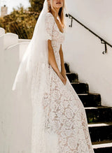 Boho Garden Lace Chic A-line Open Back Wedding Dresses Short Sleeves-Dbrbridal