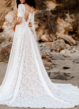 Boho Garden Lace Chic A-line Open Back Wedding Dresses Short Sleeves-Dbrbridal
