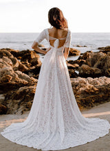 Boho Garden Lace Chic A-line Open Back Wedding Dresses Short Sleeves-Dbrbridal