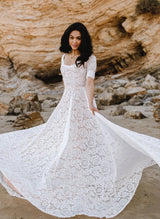 Boho Garden Lace Chic A-line Open Back Wedding Dresses Short Sleeves-Dbrbridal