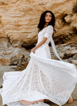 Boho Garden Lace Chic A-line Open Back Wedding Dresses Short Sleeves-Dbrbridal