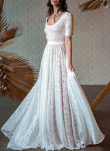 Boho Garden Lace Chic A-line Open Back Wedding Dresses Short Sleeves-Dbrbridal