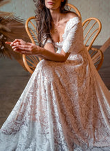 Boho Garden Lace Chic A-line Open Back Wedding Dresses Short Sleeves-Dbrbridal