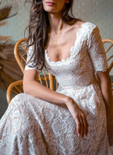 Boho Garden Lace Chic A-line Open Back Wedding Dresses Short Sleeves-Dbrbridal