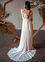 Boho Garden Lace Chic A-line Open Back Wedding Dresses Short Sleeves-Dbrbridal