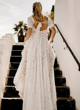 Boho Garden Lace Chic A-line Open Back Wedding Dresses Short Sleeves-Dbrbridal