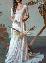 Boho Garden Lace Chic A-line Open Back Wedding Dresses Short Sleeves-Dbrbridal