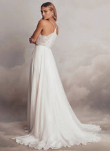 Boho Garden Lace Chic A-line Wedding Dresses V-neck Chiffon Sweep Train-Dbrbridal