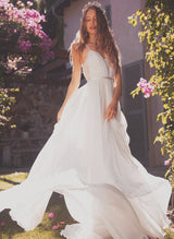 Boho Garden Lace Chic A-line Wedding Dresses V-neck Chiffon Sweep Train-Dbrbridal
