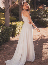 Boho Garden Lace Chic A-line Wedding Dresses V-neck Chiffon Sweep Train-Dbrbridal