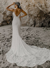 Boho Garden Lace Open Back Mermaid Fitted Wedding Dresses Court Train-Dbrbridal