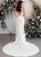 Boho Garden Lace Open Back Mermaid Fitted Wedding Dresses Court Train-Dbrbridal