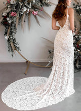 Boho Garden Lace Open Back Mermaid Fitted Wedding Dresses Court Train-Dbrbridal