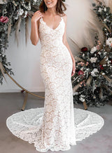 Boho Garden Lace Open Back Mermaid Fitted Wedding Dresses Court Train-Dbrbridal
