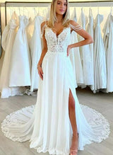 Boho Garden Lace Open Back Wedding Dresses Slit-Dbrbridal