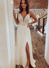 Boho Garden Lace Slit Wedding Dresses Featuring Chic A-line Chiffon-Dbrbridal
