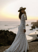 Boho Garden Lace Trumpet Mermaid Fitted Long Sleeves Wedding Dresses Court Train-Dbrbridal