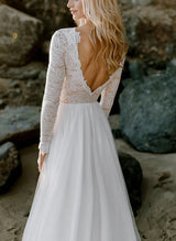 Boho Garden Lace Tulle Chic A-line Wedding Dresses Long Sleeves-Dbrbridal