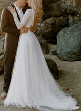 Boho Garden Lace Tulle Chic A-line Wedding Dresses Long Sleeves-Dbrbridal