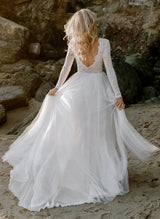 Boho Garden Lace Tulle Chic A-line Wedding Dresses Long Sleeves-Dbrbridal