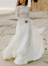 Boho Garden Lace Tulle Chic A-line Wedding Dresses Long Sleeves-Dbrbridal