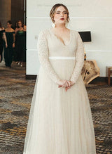 Boho Garden Lace Tulle Sleeves Plus Size Wedding Dresses Chic A-line V-Neck-Dbrbridal