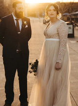 Boho Garden Lace Tulle Sleeves Plus Size Wedding Dresses Chic A-line V-Neck-Dbrbridal