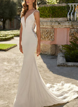 Boho Garden Mermaid Fitted V-Neck Sleeveless Court Train Wedding Dresses Lace-Dbrbridal
