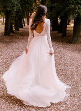 Boho Garden Summer Beach Lace Open Back Chic A-line Wedding Dresses Long Sleeves-Dbrbridal