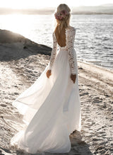 Boho Garden Summer Beach Lace Open Back Chic A-line Wedding Dresses Long Sleeves-Dbrbridal