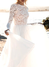 Boho Garden Summer Beach Lace Open Back Chic A-line Wedding Dresses Long Sleeves-Dbrbridal