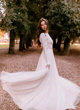 Boho Garden Summer Beach Lace Open Back Chic A-line Wedding Dresses Long Sleeves-Dbrbridal