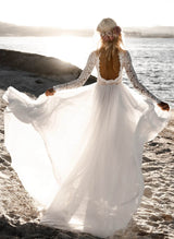 Boho Garden Summer Beach Lace Open Back Chic A-line Wedding Dresses Long Sleeves-Dbrbridal