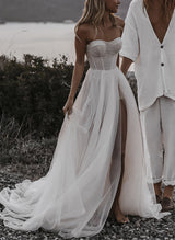 Boho Garden Summer Beach Tulle Chic A-line Slit Wedding Dresses-Dbrbridal