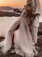 Boho Garden Summer Beach Tulle Chic A-line Slit Wedding Dresses-Dbrbridal