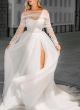 Boho Garden Summer Beach Tulle Chic A-line Slit Wedding Dresses-Dbrbridal