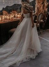 Boho Garden Summer Beach Tulle Chic A-line Slit Wedding Dresses-Dbrbridal