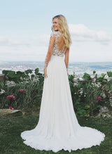 Boho Garden Wedding Dresses Long Sleeves Lace Chiffon Sweep Train-Dbrbridal