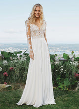 Boho Garden Wedding Dresses Long Sleeves Lace Chiffon Sweep Train-Dbrbridal