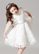 Boho Lace Princess Ivory A-Line Illusion Bell Sleeve Jeweled Sash Short Pageant Dress-Dbrbridal