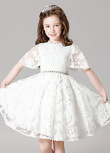 Boho Lace Princess Ivory A-Line Illusion Bell Sleeve Jeweled Sash Short Pageant Dress-Dbrbridal