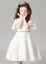 Boho Lace Princess Ivory A-Line Illusion Bell Sleeve Jeweled Sash Short Pageant Dress-Dbrbridal