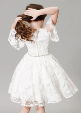 Boho Lace Princess Ivory A-Line Illusion Bell Sleeve Jeweled Sash Short Pageant Dress-Dbrbridal