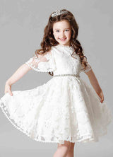 Boho Lace Princess Ivory A-Line Illusion Bell Sleeve Jeweled Sash Short Pageant Dress-Dbrbridal
