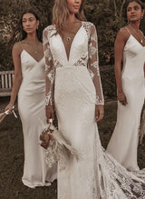 Boho Summer Beach Illusion Neck Long Sleeves Sweep Train Lace Wedding Dresses-Dbrbridal
