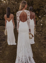 Boho Summer Beach Illusion Neck Long Sleeves Sweep Train Lace Wedding Dresses-Dbrbridal