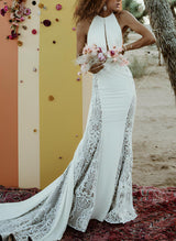 Boho Summer Beach Sleeveless Sweep Train Lace Wedding Dresses-Dbrbridal