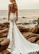 Boho Summer Beach Sleeveless Sweep Train Lace Wedding Dresses-Dbrbridal