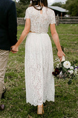 Boho Wedding Dress A-line Jewel Neck Short Sleeve Ankle Length Lace Two Pieces Bridal Gown-Dbrbridal