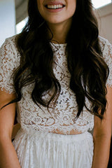 Boho Wedding Dress A-line Jewel Neck Short Sleeve Ankle Length Lace Two Pieces Bridal Gown-Dbrbridal